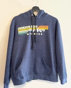 Jackson Hole Wyoming Hoodie Womens Large Blue Fleece Graphic Pullover Mountains